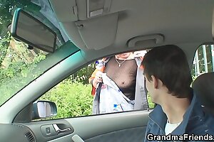 Two dudes persevere in hot grandma and screw outside